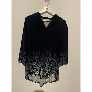 Bai Sheng GT Tunic Top 3/4 Sleeve Dark Blue White Damask Pattern Xl‎